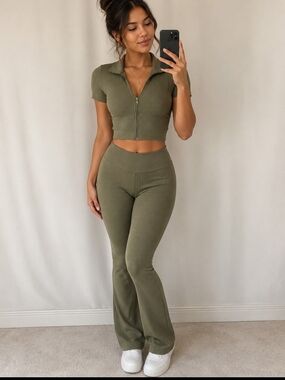 Olive Ribbed Flare Pants - Women's Stretch Lounge Pants